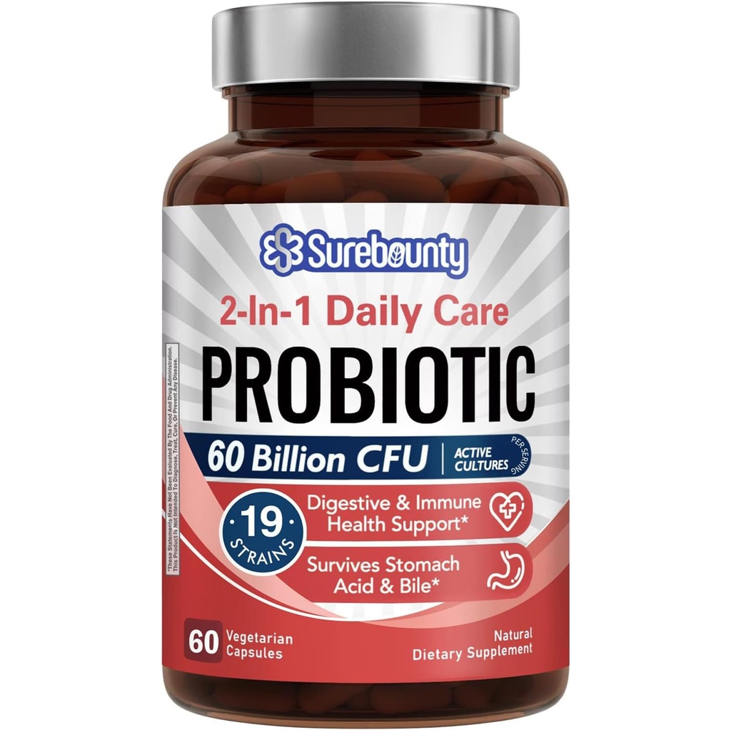 60亿CFU 19 Strains for Men and Women,配有100mg Prebiotic,Stable,2-in-1 日常护理 Probiotic,非GMO,消化和免疫健康,60 Veggie Capsules