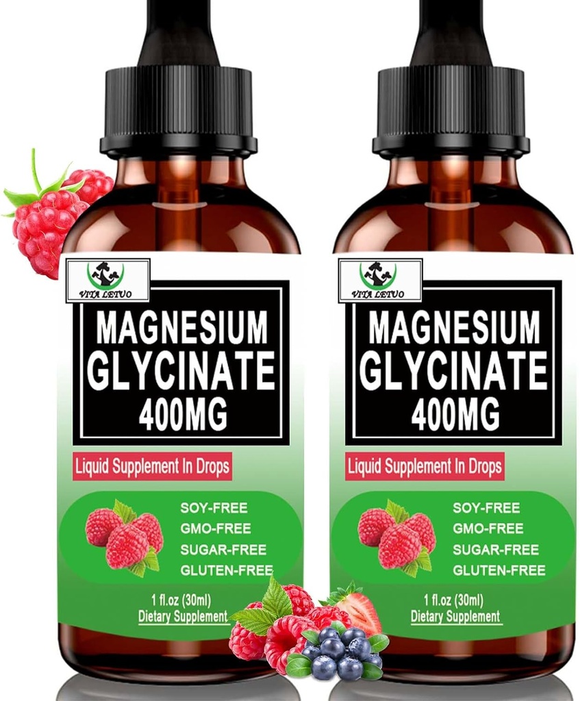 (2包)甘化镁液滴,6X 高吸收液态镁补充剂,用于骨,睡眠,Leg Cramps & Immune支持,Pure Magnesium Glycinate 400mg for Men,Vegan, Non-GMO