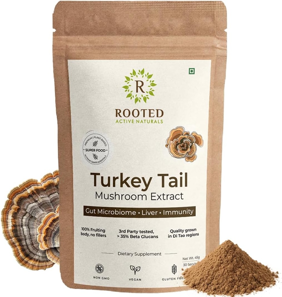 ROOTED Active of Turkey Tail Mushroom 提取粉末, USDA & EU 认证有机 → 35% Beta Glucans - Lab 验证 → Gut Health, Liver, 豁免支持 (2.11 Ounce)