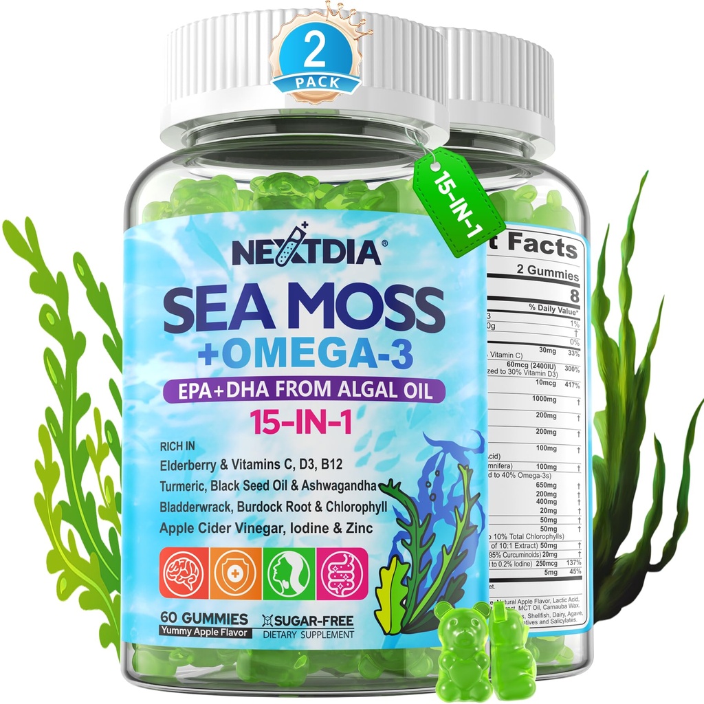 Sea Moss Gummys + Algae Omega-3 for Adult, 15-IN-1 有机爱尔兰海 Moss 超级食品 配有/维生素 C D3 B12, Turmeric, Bladderwrack, 支持能源, 大脑, 免疫, 每日生命, 无糖, 120 Cts