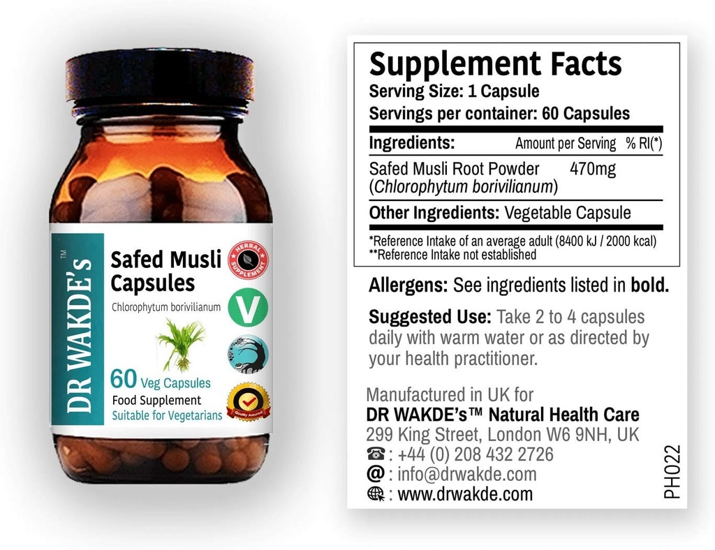 DR WAKDE的Safed Musli Capsules (Chlorophytum borivilianum, 60 Veg Caps, 植物补充品 Ayurvedic Herb, All Natural, Vegan).