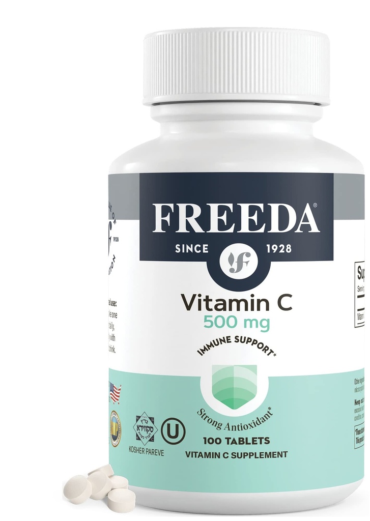 FREEDA 维生素C - Vegan 维生素C 500mg - Kosher - 强抗氧化剂免疫支持 - 容易吞咽维生素C片作为Ascorbic酸 - 纯维生素C 500mg - VIT C 补充(100个计数)