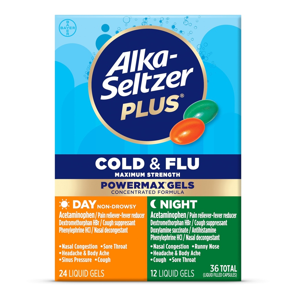 Alka-Seltzer Plus Power Max Cold & Flus Day+Night Medicine:咳嗽抑制剂,对成人和12岁及12岁儿童的冷和流感药物,36岁,包装May Vary