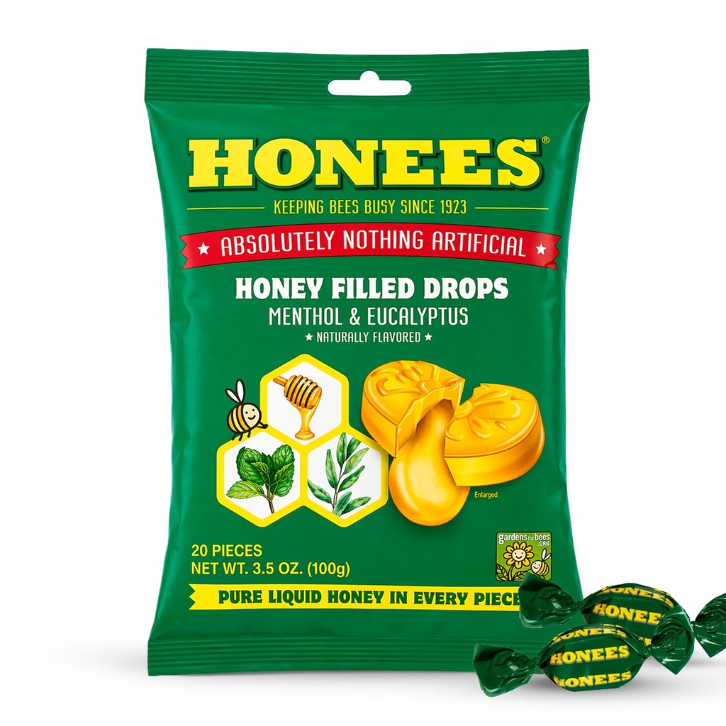 Honees Honey Menthol Cough Drops - 20-Piece, 单包蜂蜜-Filled Lozenges – 暂时从咳嗽中救济 – Soothes Sore Throat – 全部自然