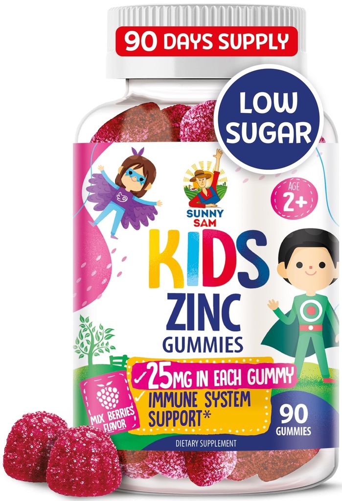 儿童用锌(Zinc Gummys for Kids) - 儿童免疫支持用锌(Chewable Zinc Gummy)补充剂 - 低糖 天然抗氧化剂 非GMO 维生素(Toddlers & Teens) 化学药剂 - 90 Gummys