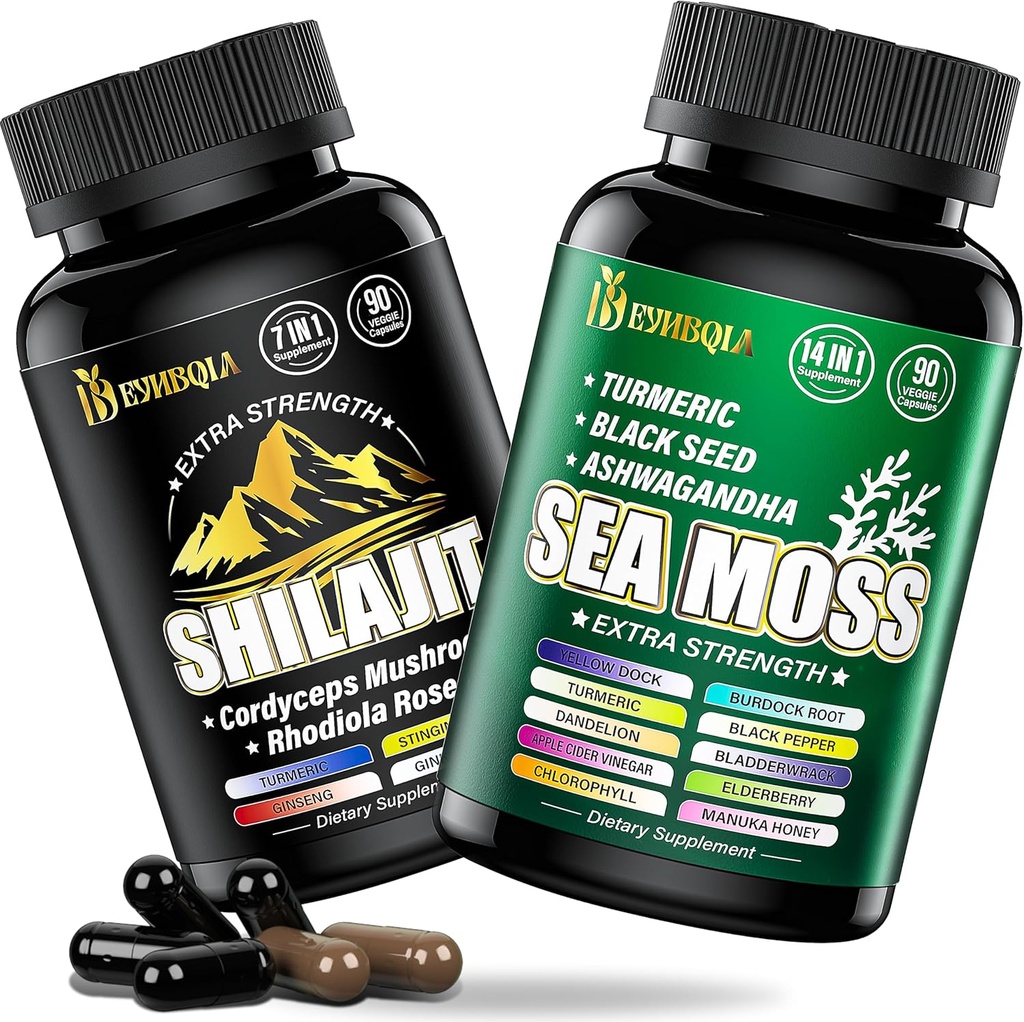 Sea Moss and shilajit Bundle - 90 Counter - Sea Moss, 黑种子石油, Ashwagandha, Turmeric & Shilajit, Rhodiola Rosea, Burdock, Bladderwrack 21 in 1 补编(2包) Brown