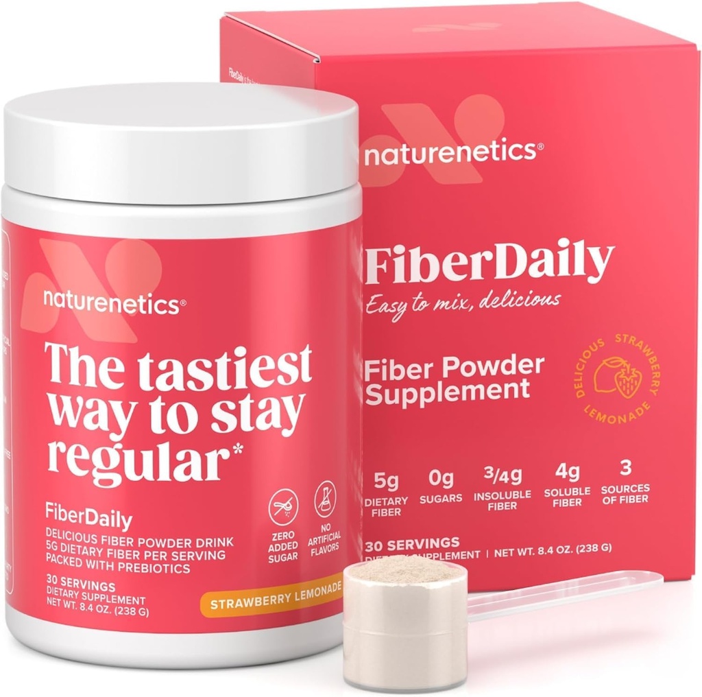 FiberDaily Executive Fiber Powder - 有机lium壳、Agave Inulin & Sunfiber® Guar Gur Grawberry Lemonade 饮料、无糖、可溶性纤维、预生纤维补充剂、Vegan、30种服务