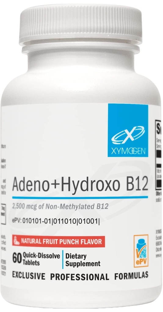 XYMOGEN Adeno+Hydroxo B12 - 非乙基化合物(2,500mcg) - 与Adenosylcobalamin B12 + Hydrocobalamin 的快速溶解B12 - 认知支持,水果冲锋(60片)