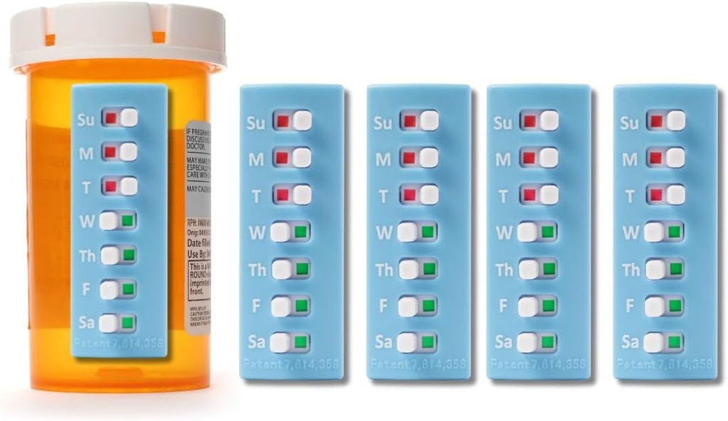 Take n Slide Peel and stick rebled for 12 + Refills, Pill/Medication/Vitamin/Pet Med Tracker & Reminder, 随附您的瓶, 无组织者, 曲线 Back(蓝色, 5-Pack)