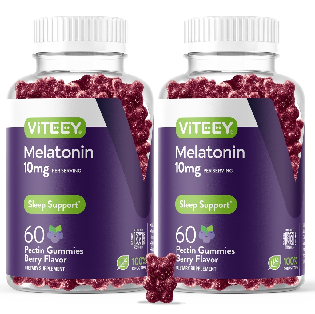 Viteey Melatonin Gummys 10mg - 成人睡眠 Gummys 超强Melatonin - Vegan, GMO Free, Gluten Free - 120 伯爵