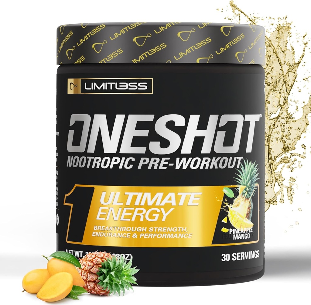 ONESHOT 男女预研粉 - BCAAS 氨基酸补充粉,200mg 咖啡因,Beta Alanine 粉,Citrulline Malate 预研粉 - Pineapple Mango - 30 服务