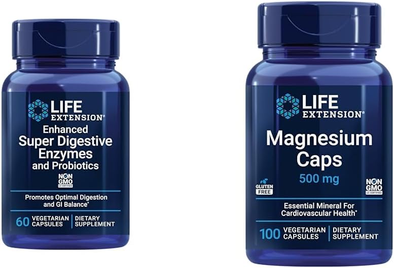 生命扩展 60 蔬菜卡普尔增强型超级消化酶 & Probiomes and 100 Magnesium Capsules for Heart, Bone,代谢支持