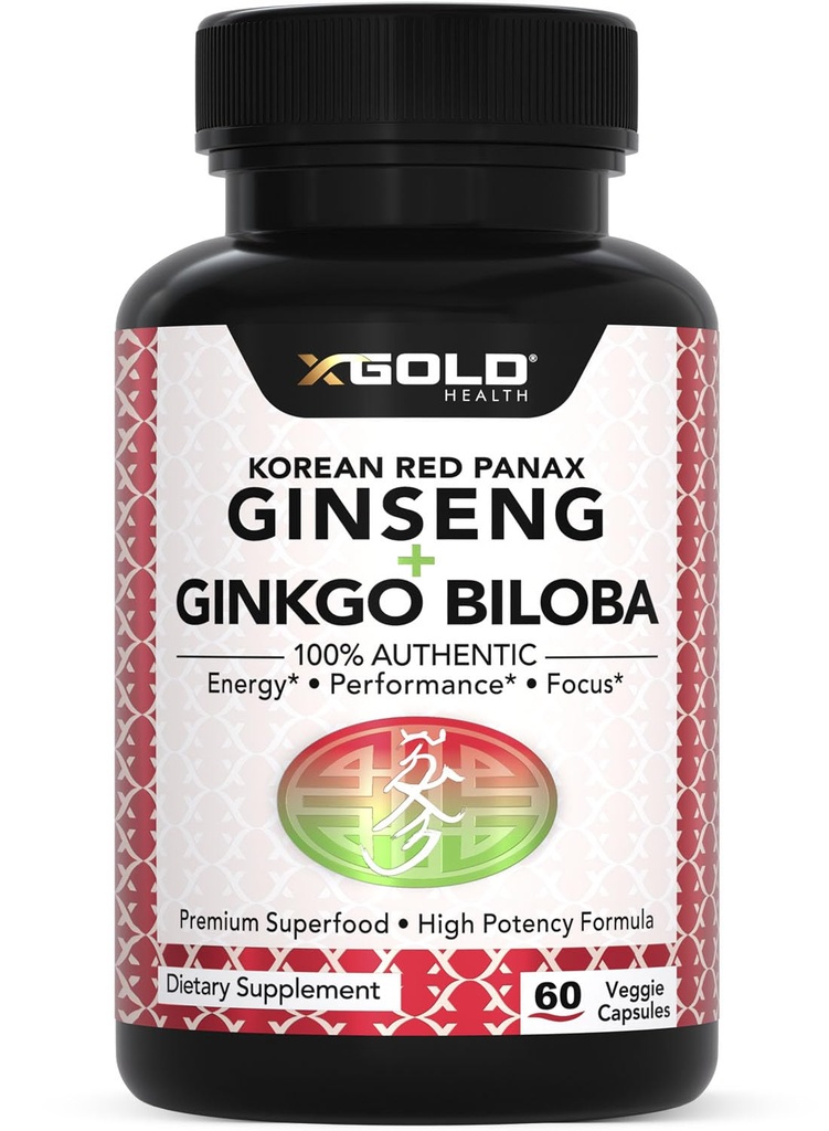韩国Red Panax Ginseng 1200mg + Ginkgo Biloba - 超强根提取粉末补充 W/High Ginsenosides Vegan Capsules for Energy, Performance & Focus - 男女补充
