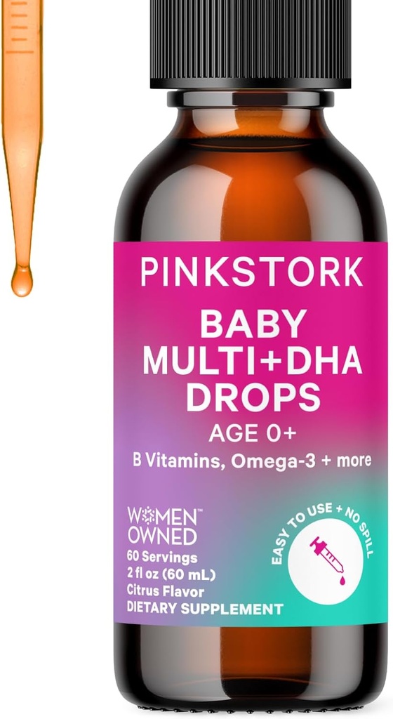 Pink Stork婴儿液体多维明滴、Baby & Toddler维生素滴与DHA、维生素C、D、B12和Choline支持脑健康和免疫功能——2 fl z,2个月供应