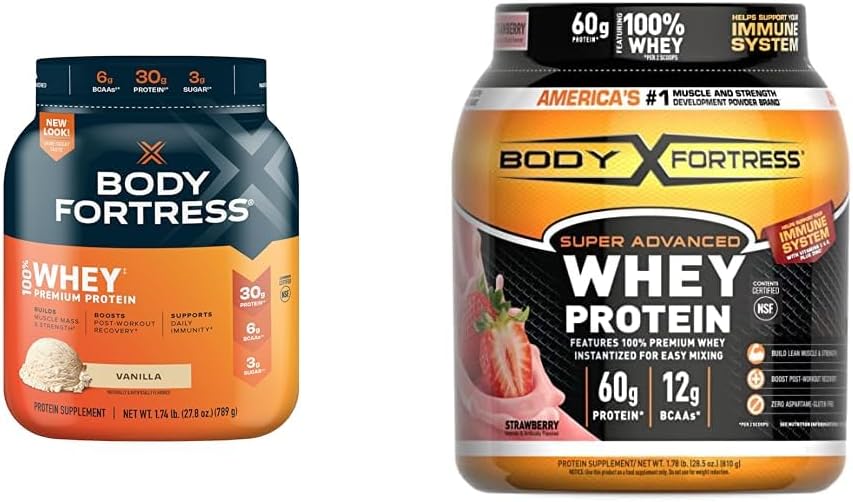 机体要塞 100% Whey, Premium 蛋白粉, Vanilla, 1.74lbs (包装 May Vary) & 100% Whey, Premium 蛋白粉,草莓, 1.78lbs (包装 May Vary)