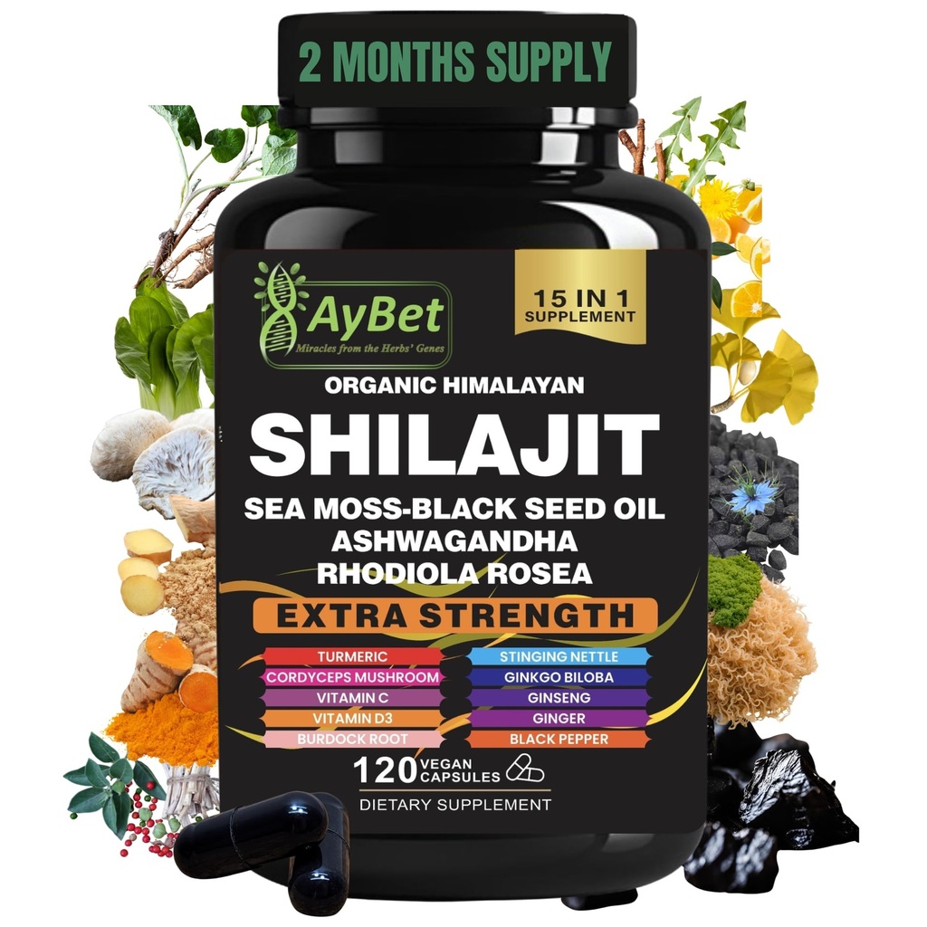 Shilajit for Men and Women-Organic Himalayan Shilajit Capsules with Sea Moss, Black Seed Oil, Ashwagandha, Rhodiola Rosea, Burdock, Cordyceps Mushroom, Ginseng, Turmeric, Ginger, 120 Capsules