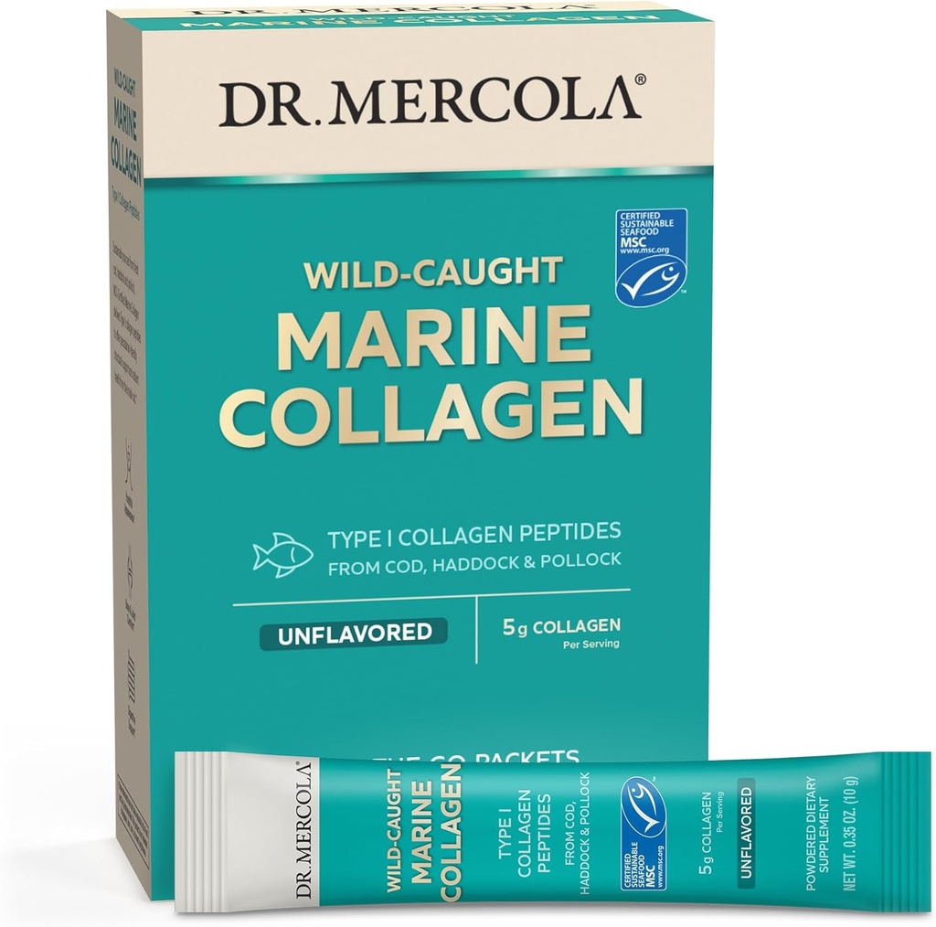 Mercola Marine Collagen Powder Packets博士, 5g Collagen Per service, 15 services (15 on-the-go Packets), Powdered Disitary Supplement, Unflavored, 1型 Collagen Peptides from Cod, Hadddock & Pollock