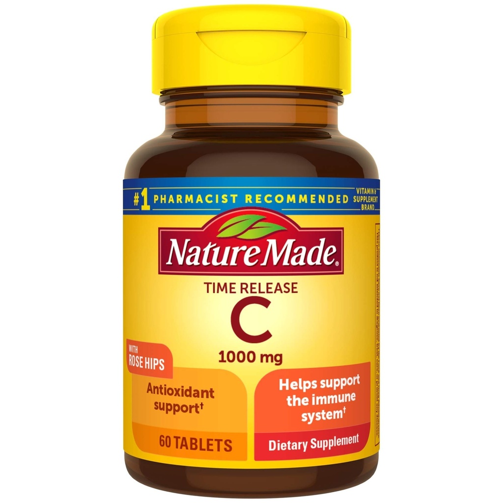 天然制维生素C 1000 mg 时间释放片,配有玫瑰皮,60 count(包装 May Vary)