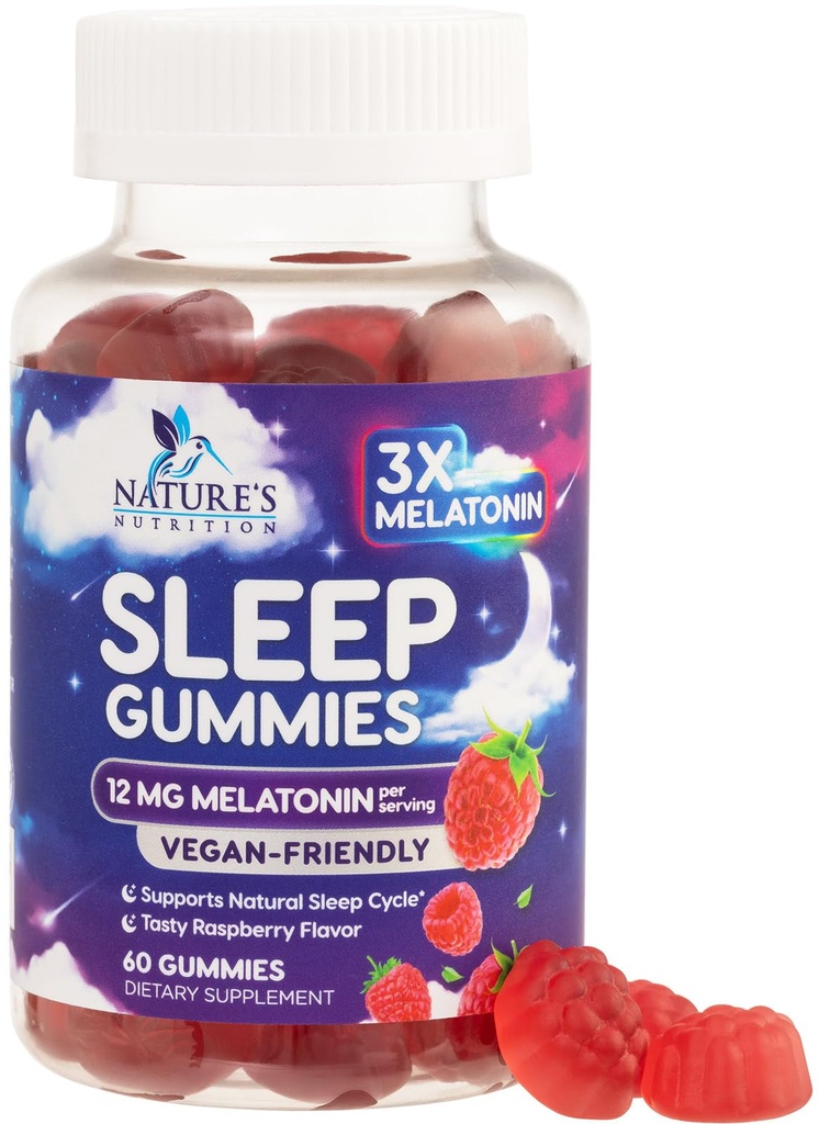 成人超强睡眠Gummys -- -- 12毫克Melatonin睡眠Gummy补充剂,Melatonin Gummy用于偶尔睡眠支持补充剂,Vegan,Non-GMO,Gluten Free,Gomitas Para Dormir,60古米斯