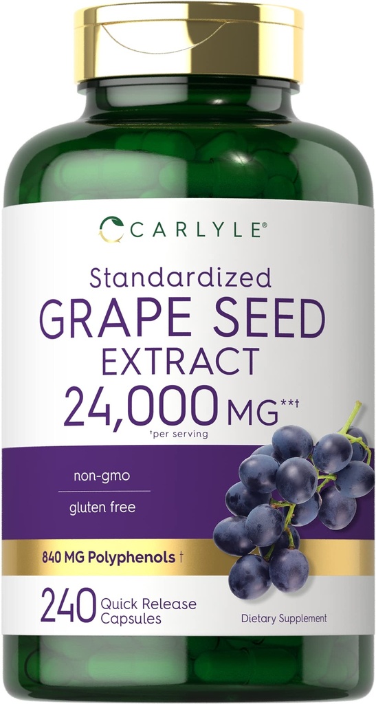 Carlyle Grape种子提取 24 000 mg 等效 240 capsules 最大强度标准提取 QQ 非GMO, Gluten Free