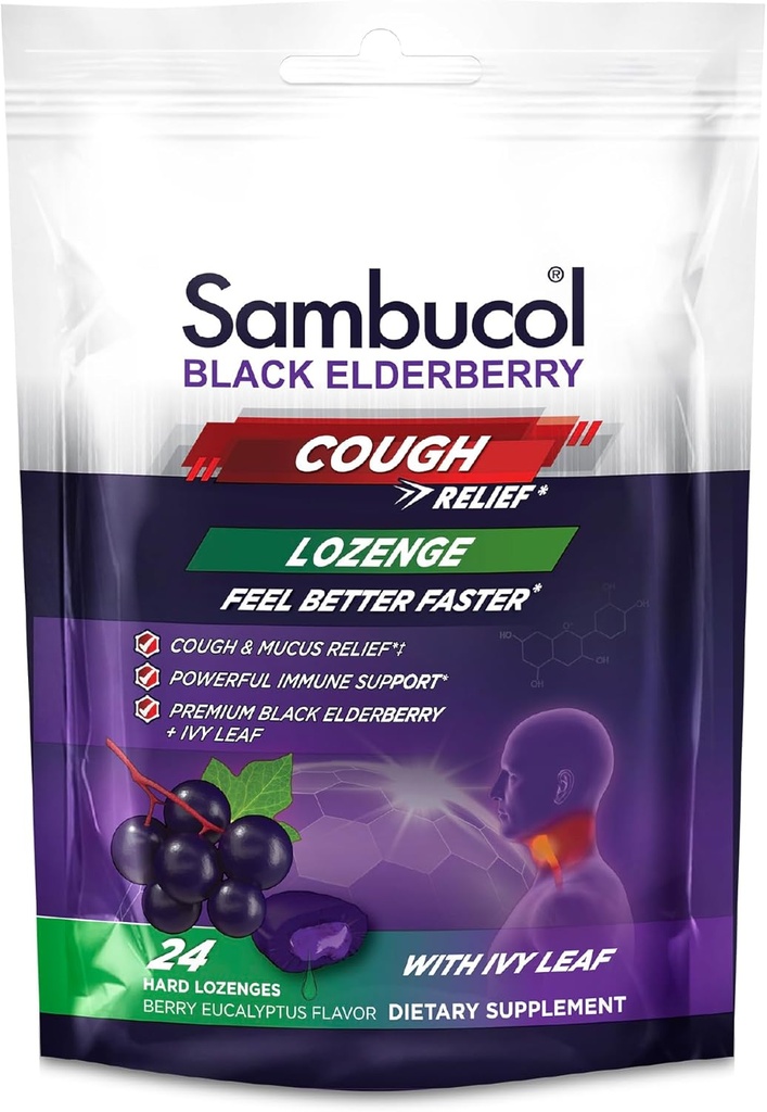 Sambucol Black Elderberry Cough Relief Lozenges - 成人的咳嗽滴,Sambucus Merderberry Lozenges, 配有Ivy Leaf, Cough & Mucus Relief, Immune支助,Berry Eucalyptus - 24 Counter, 3 Pack