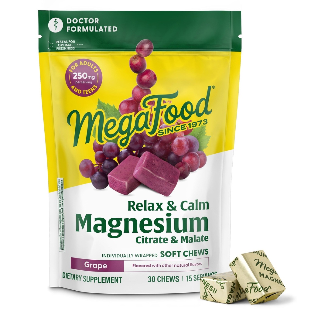 Mega Food Relax + Calm Magnesium 补充剂 - 含镁的软嚼子 Citrate & Malate for Heart Health,肌肉紧张症 & More - 蔬菜 - Grape - Flavor - 30 Chews (15名服务员)