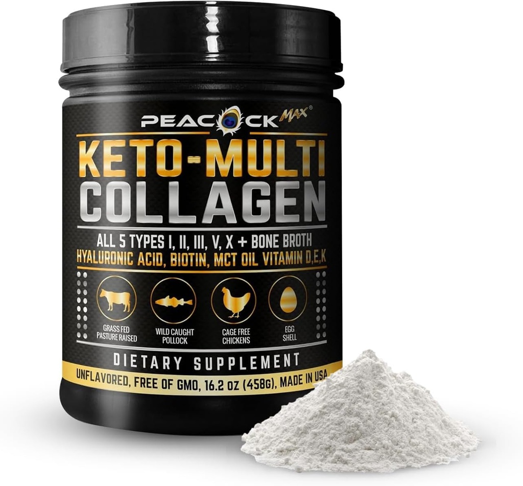 Keto Multi Collagen Peptides 16.2 oz - Bone Broth 蛋白粉,有5类水解Collagen, MCT 油和生物锡用于皮肤, 关节, 毛发和钉子, 未味的Collagen粉