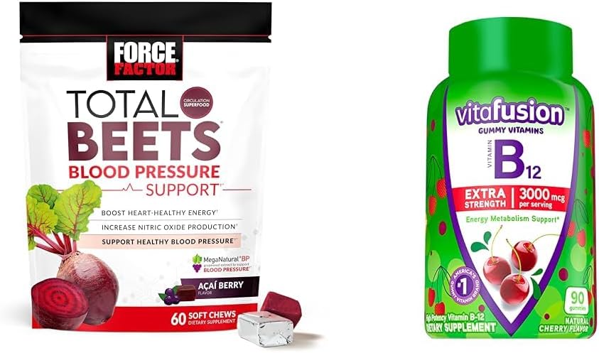 Force Factor Total Beets Blood Pressure Support with Grapeseed Extract & Vitafusion Extra Strength B12 for Energy, Cherry Flavored Gummies