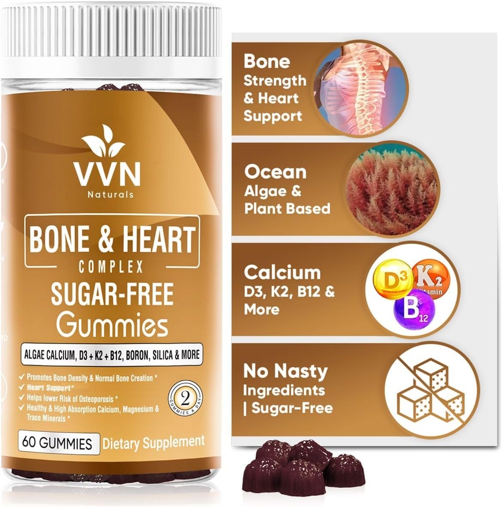 Vegan Calcium Gummys K2 维生素补充剂 MK-7 & Vitamin D3, 镁 & 13 Trace Minerals, 支持 Bone Density QQ Planet B12 - Bone & Heart Complex, 60 cm.