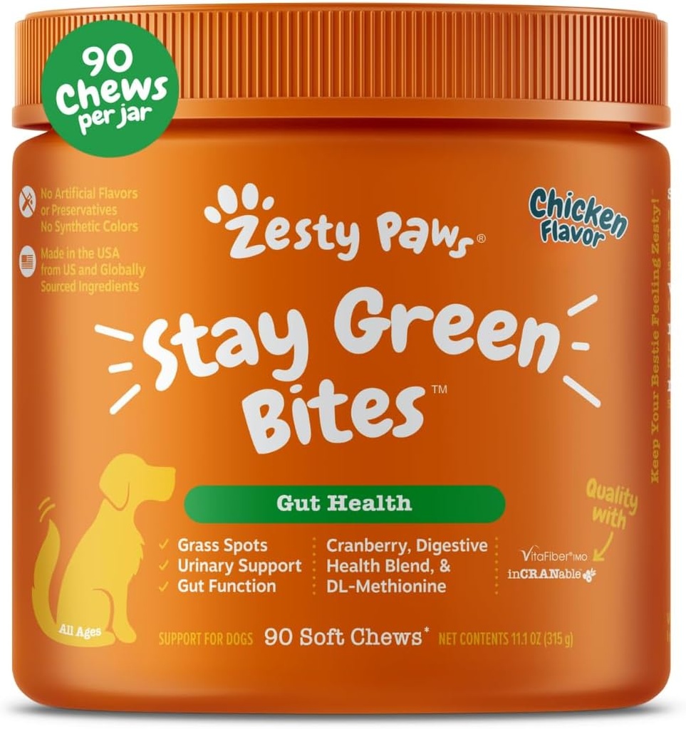 Zesty Paws Stay Green Bites for Dogs - Grass 烧制 软菜用于草坪点 由Dog Urine 引起 与 Cranberry 为 Urinary Tract & Bladder - 鸡肉 - 90 计数