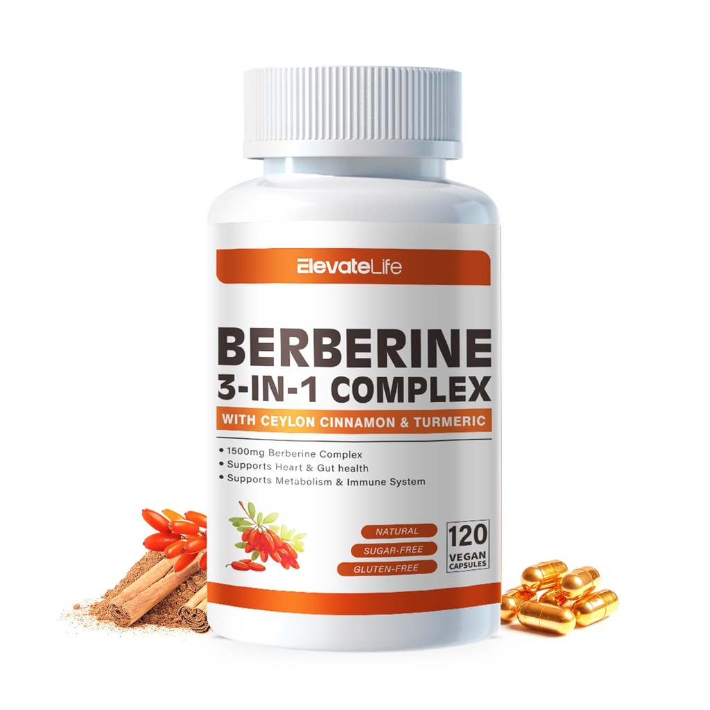 ElevateLife Berberine 补编 - 伯伯林 1500mg Per service,120 Capsules - 伯伯林 HCI - 伯伯林 Plus - 加上纯真锡兰桂,伯伯林 HCI根 补充药