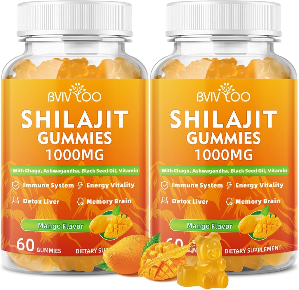 2 Packs Shilajit Gummys 1000mg 无糖 - Shilajit 男女补充 - 85+ Track Minerals & Fulvic酸高 - 能量,大脑,豁免 - 120 Gummys