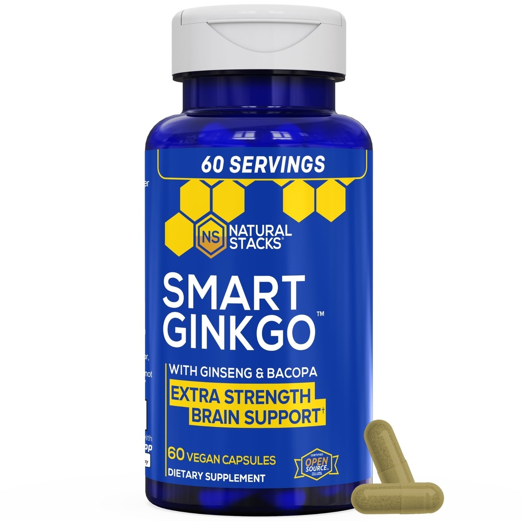 Natural STACKS Ginkgo Biloba 补充200mg Panax Ginseng & 200mg Bacopa Monnieri - 记忆和焦点的大脑补充 - 韩国Ginseng 脑健康支持 - 60 Ginkgo Biloba Capsules