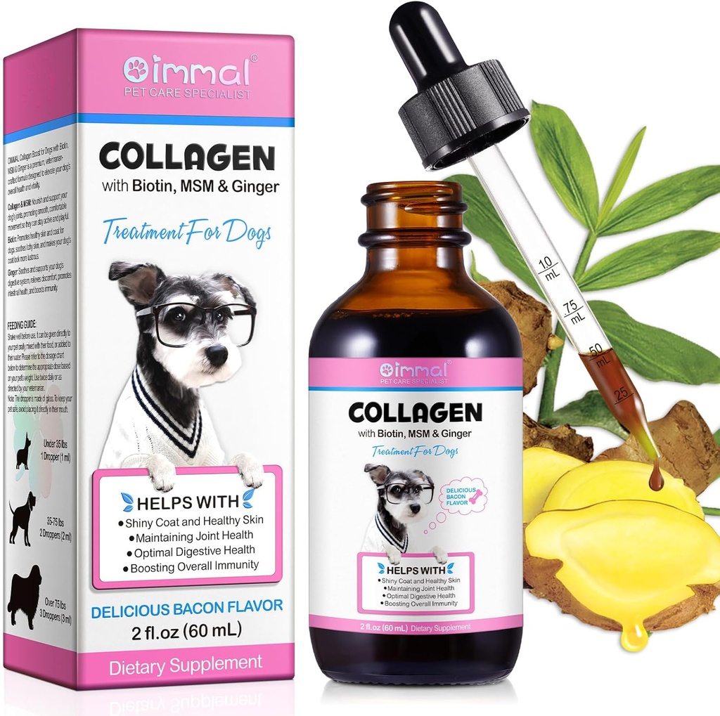 用于狗的Collagen,狗的Collagen液滴与生物锡,MSM和Ginger的消化和豁免支持,Itch Relief,Skin & Coat和联合健康,狗补充60ml