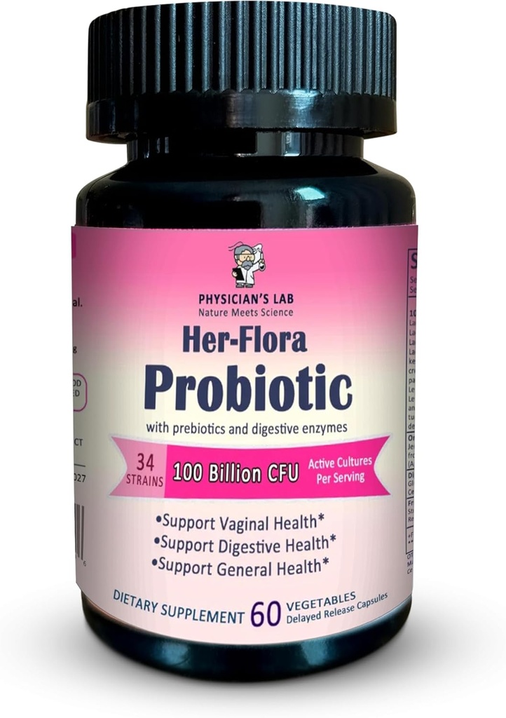 物理家的实验室 Her-Flora 女性的 Probiotic 100亿 CMU per Capsule, Non-GMO, 34 Strains, 配有 Prebiotics & 消化酶, Gut & Veginal Health, H. Pylori Support, 60 Veg Caps, 2 Months Supply!.