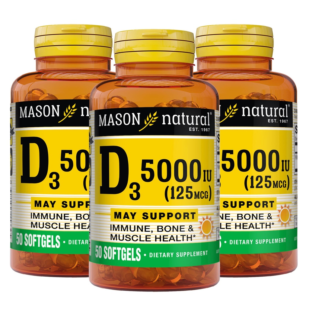 MASON NATURAL 维生素 D3 125 mcg(5000 IU) - 支持整体健康,加强骨骼和肌肉,来源于鱼肝油,50 Softgels (Pack of 3)