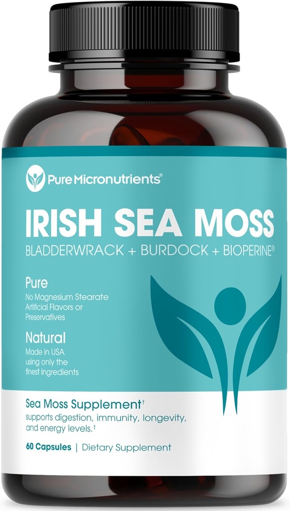 纯微量营养素 爱尔兰海 Moss Capsules - 有机爱尔兰海摩斯药丸,配有Bladderwrack,Burdock & Black Pepper 能源,豁免,甲状腺素,消化,心脏和骨质健康