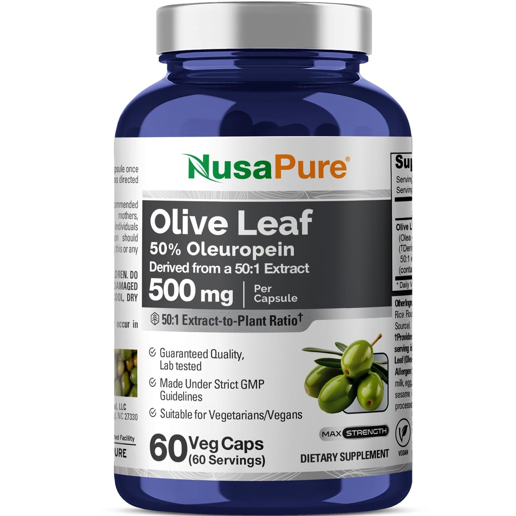 NusaPure 橄榄叶 50:1 提取物,500 mg 等重至 25 000 mg - 50% Oleuropein Vegan/Vegetarian - 超强无油 60 Capsules