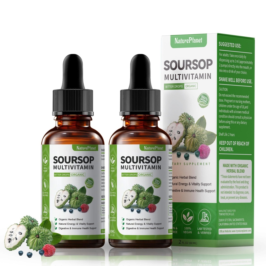 含有维生素C、D3、B6、Soursop水果和叶片的Soursop Bitters液滴 + 10 位ters 植物学用于免疫支持 消化性健康 抗氧化剂 BoostQN-GMO Vegan 120mL/4 Fl Oz