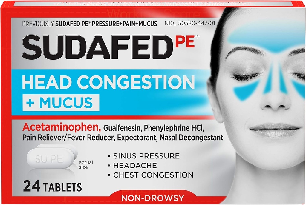 sudafed PE 头部摄入量 + 粘液片,用于消毒压力、疼痛和摄入量,24厘米