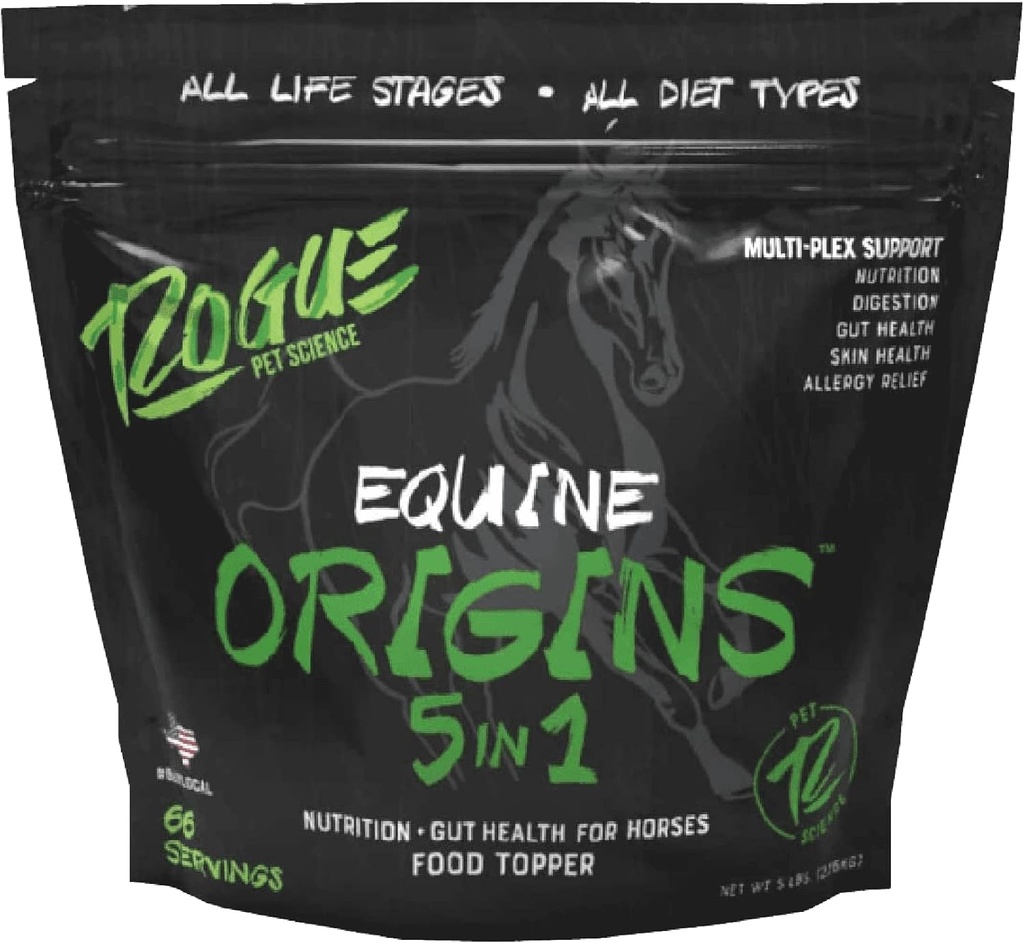 ROGUE PET Science Origes 5-in-1 Horse Supplements - Pelled Equine Food Topper w/Natural Omega 3 Fish Oil - 支持古特健康,Ulcer Relief & Joints - 帮助过敏性,皮肤和煤质健康(5磅)