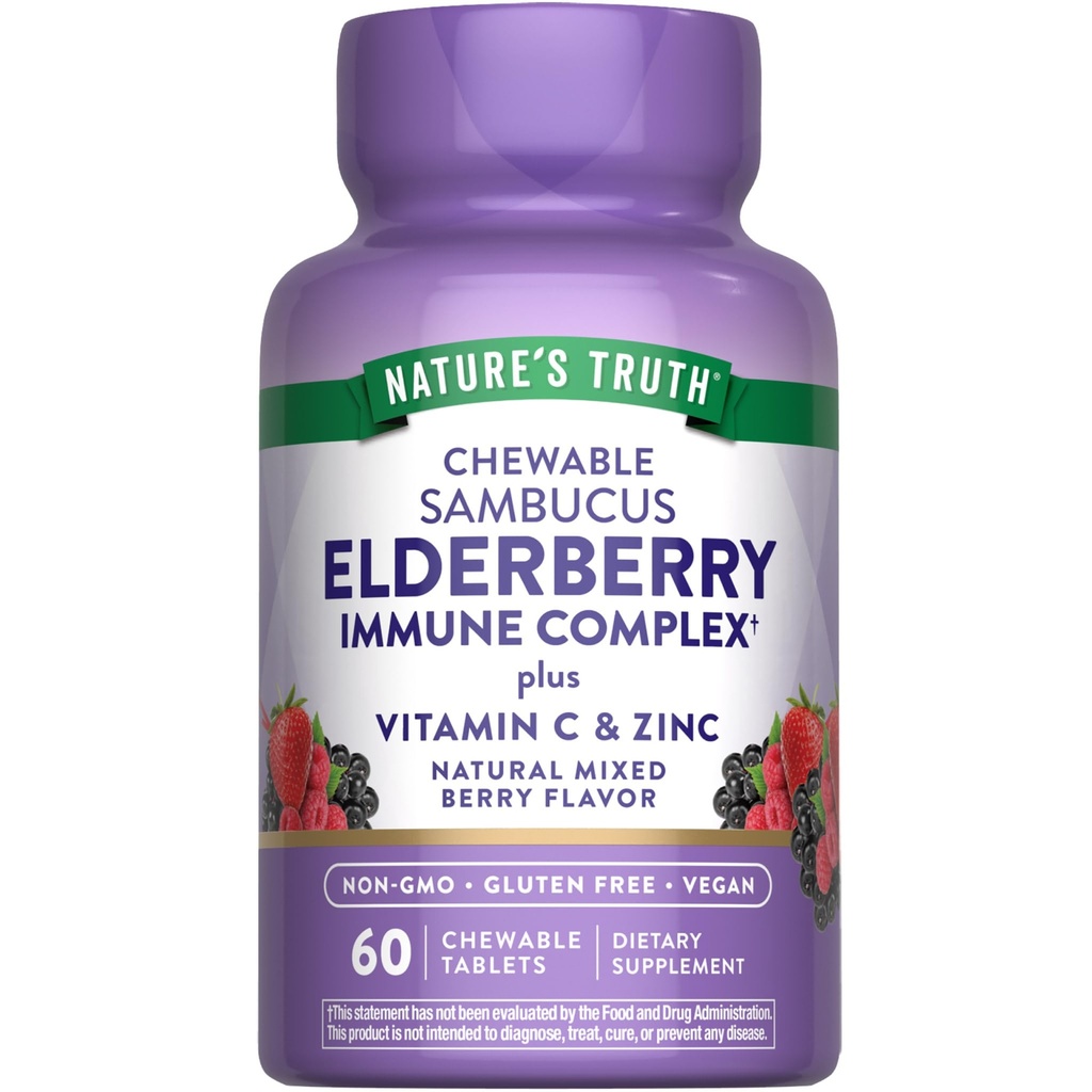 (原始内容存档于2018-09-21). Nature's Truth Elderberry Immune Complex QQ60 Chewwits + Vitamin C & Zinc + Mixed Berry + Vegan, Non-GMO, & Gluten Free Supplement
