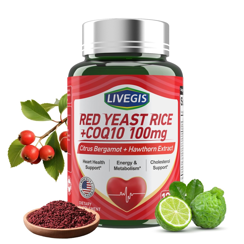 Red Yeast Rice 2000mg with CoQ10 100mg - Citrinin Free Heart Health Supposed with Citrus Bergamot & Hawthorn - 支持健康胆固醇水平 - Vegan, Non-GMO Capsules 120 Counts