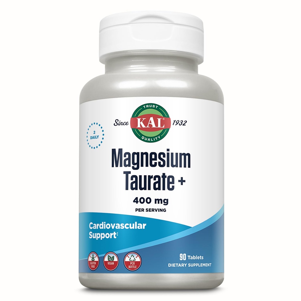 KAL Magnesium Taurate 400mg Plus Ecentzyme Vitamin B6, Chelated Magnesium 补充品,健康肌肉功能,神经和心脏健康支持,Gluten Free, Vegan, 60-日保障,45 Servi,90 片