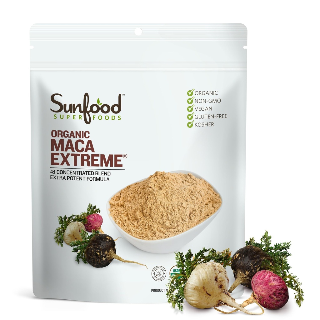 Sunfood Organization Maca Extreme - Maca 根粉, Maca 粉末有机, Maca 补充具有适应原体的男女,秘鲁, Raw, Vegan, Premium Maca 粉末 - 8 Oz Bag