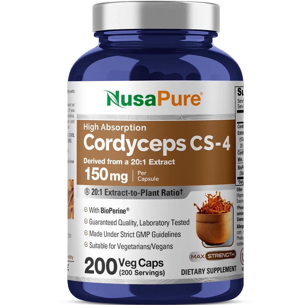 NusaPure Cordyceps CS-4 Capsules, 150 mg, 200 Veg Capsules (Non-GMO, Vegan)