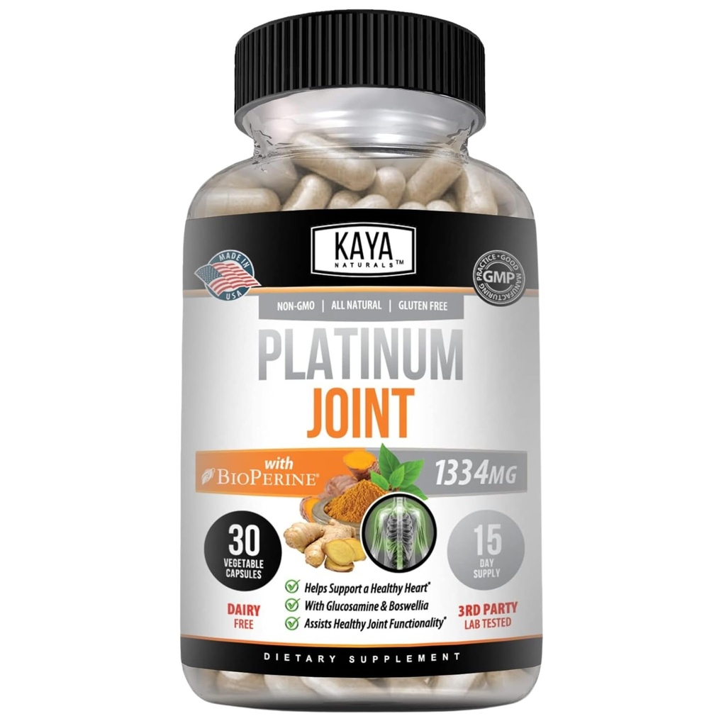 Kaya Naturals Platinum Movement Turmeric - Bioperine, Glucosamine, Turmeric with Boswellia, 健康自然流动支持, Turmeric Curcumin 1334mg - 30 Capsules (英语).