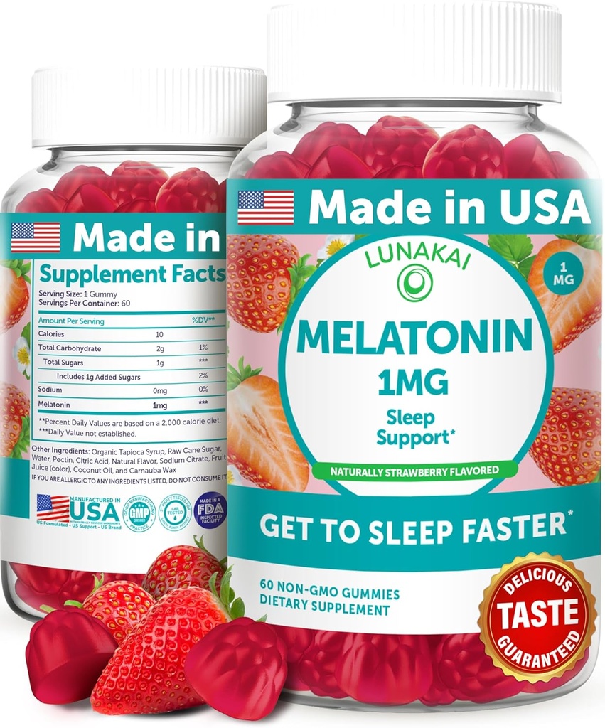 Lunakai USA 制作低剂量的Melatonin Gummys 1mg - 成人和孩子温柔睡眠援助 - 非GMO, Vegan, Gluten-Free - 60 Counter