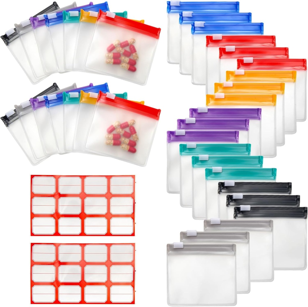 35+2 Pcs Pill Pouch 袋装Zippered Pill Pouch 套装有2张标签,7张彩色 Pill Pouch 用于药品 旅行 重用小塑料药袋 旅行/家用每日