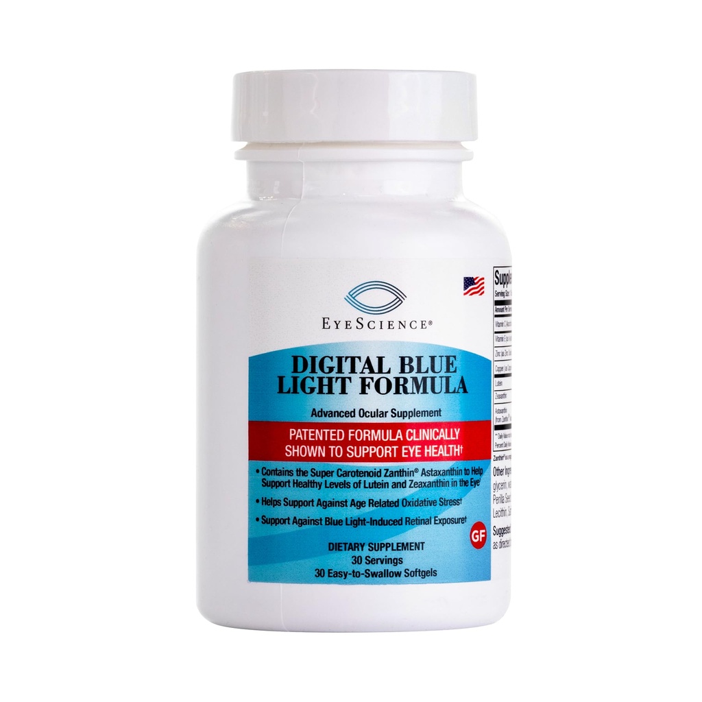 EyeScience Digital Blue Light Formula – 支持与 Astaxanthin, Lutein & Zeaxanthin – 帮助保持屏幕时间的舒适性 – 非GMO, Gluten- Free, 30 Softgels